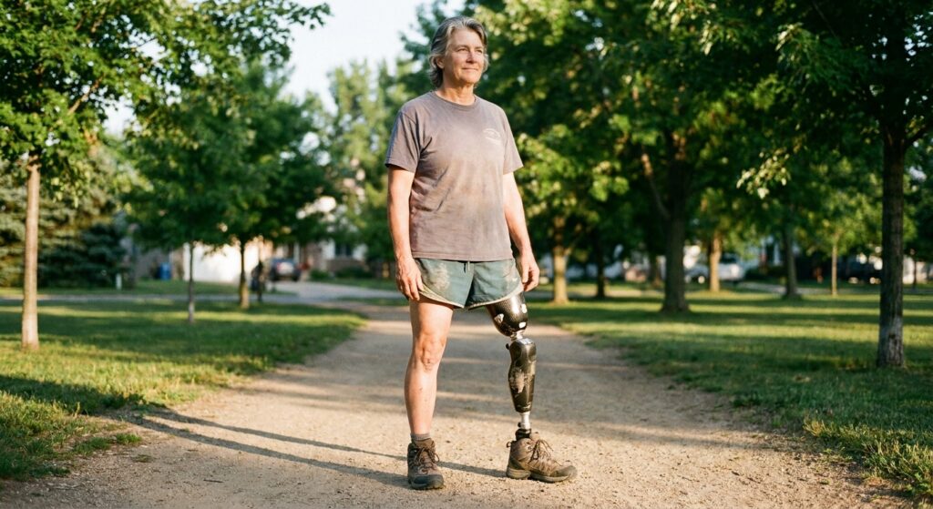 Adult above-knee amputee standing on a park path with a prosthetic leg and visible knee joint
