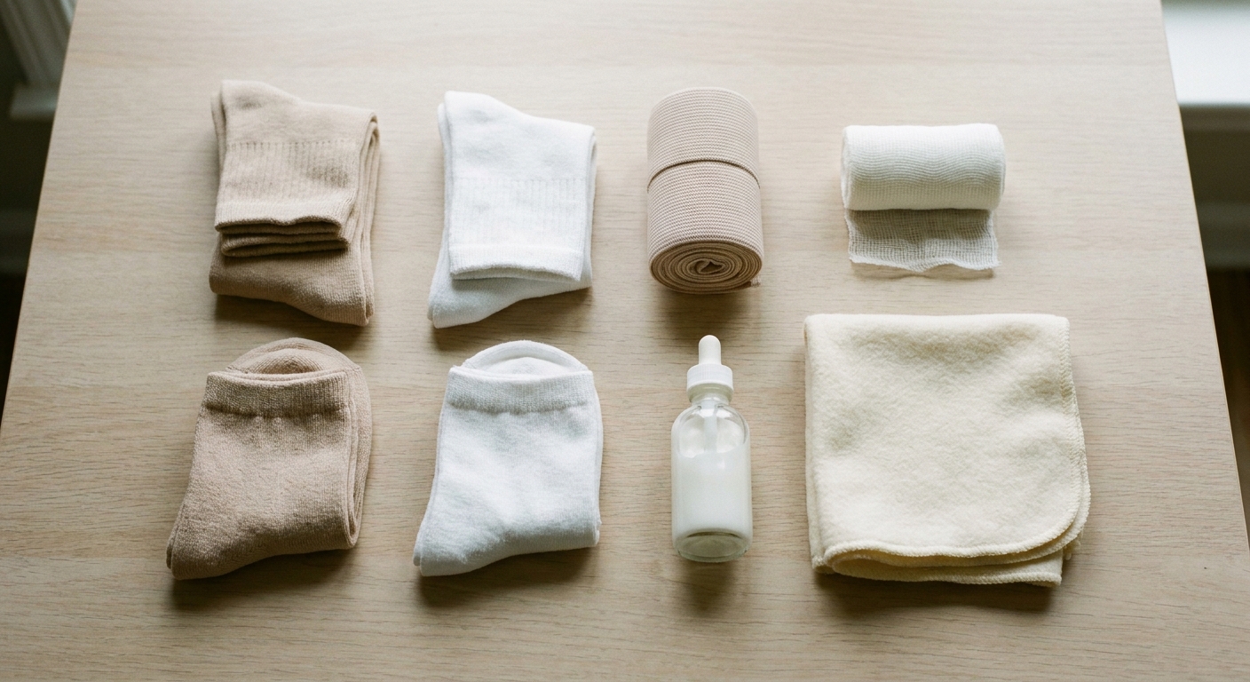 Flat lay of stump socks, a compression shrinker wrap, lotion, and residual limb care supplies on a table
