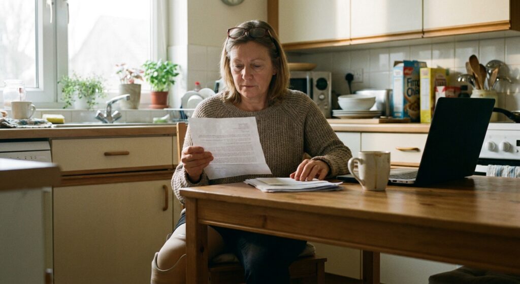 Amputee reviewing a prosthetic insurance denial letter at a kitchen table