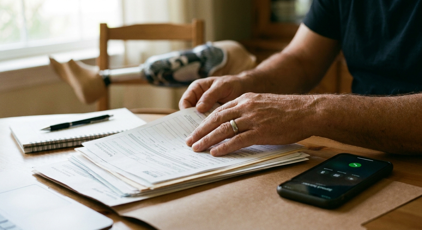 Hands organizing prosthetic insurance claim documents beside a phone, prosthetic leg resting nearby