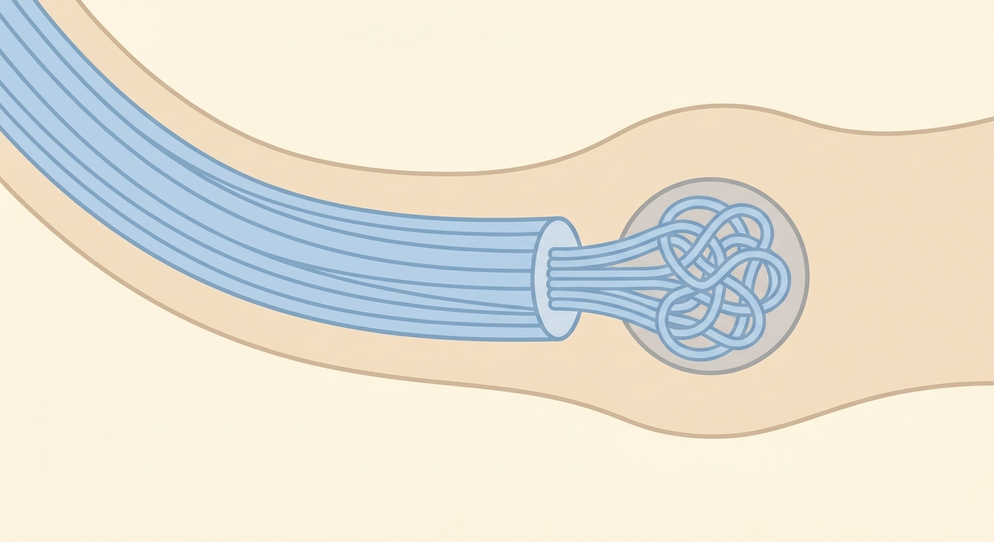 Illustration showing how severed nerve endings form a disorganized growth called a neuroma after amputation