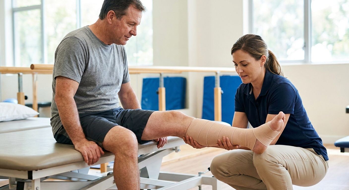 Physical therapist guiding an amputee through early rehabilitation exercises in a clinic