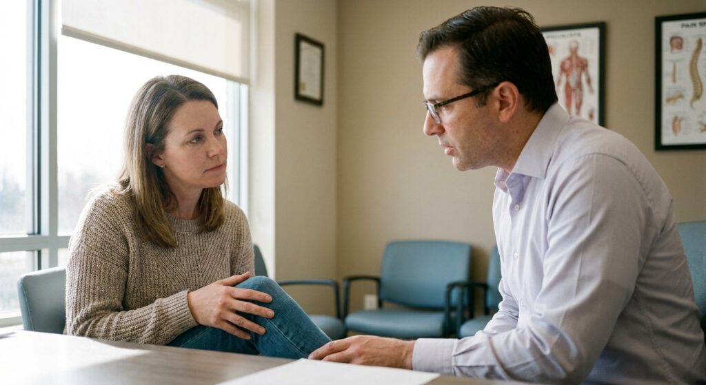 Woman discussing CRPS amputation with a pain specialist in a calm clinic office