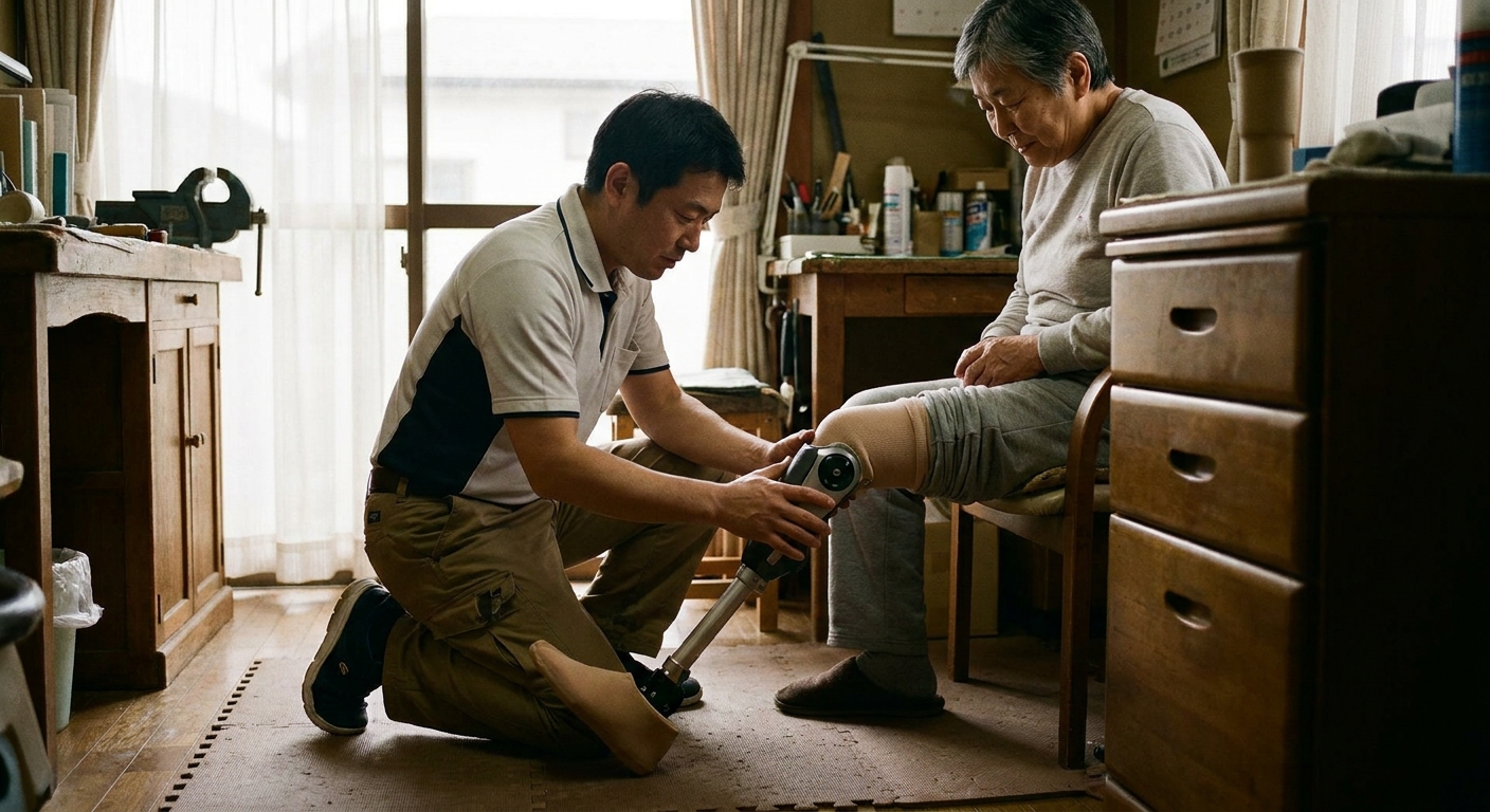 Prosthetist kneeling to adjust an above-knee prosthetic knee joint for a seated client at a clinic