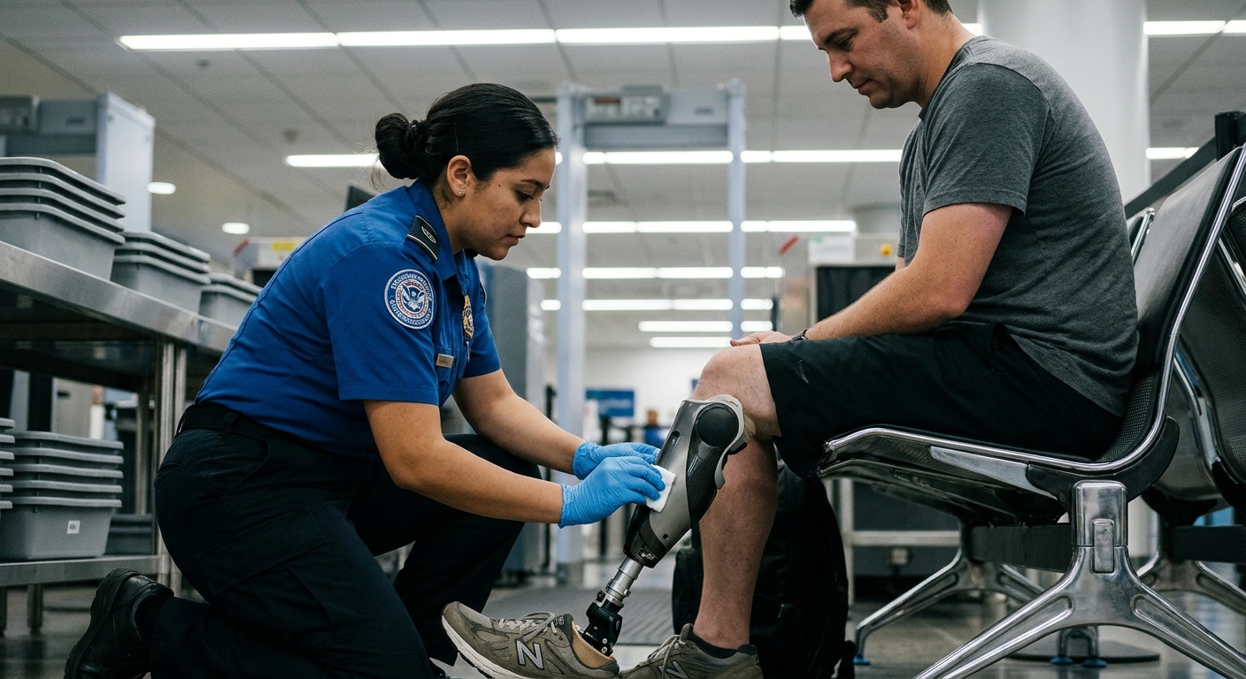 Airport security officer swabbing a passenger's prosthetic leg at a screening checkpoint