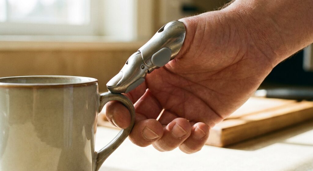 Mechanical prosthetic thumb on a hand gripping a ceramic mug handle
