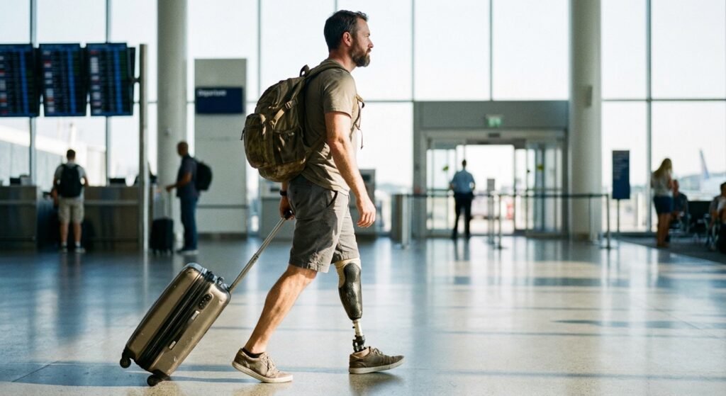 Traveler with a prosthetic leg walking through an airport terminal with a rolling suitcase