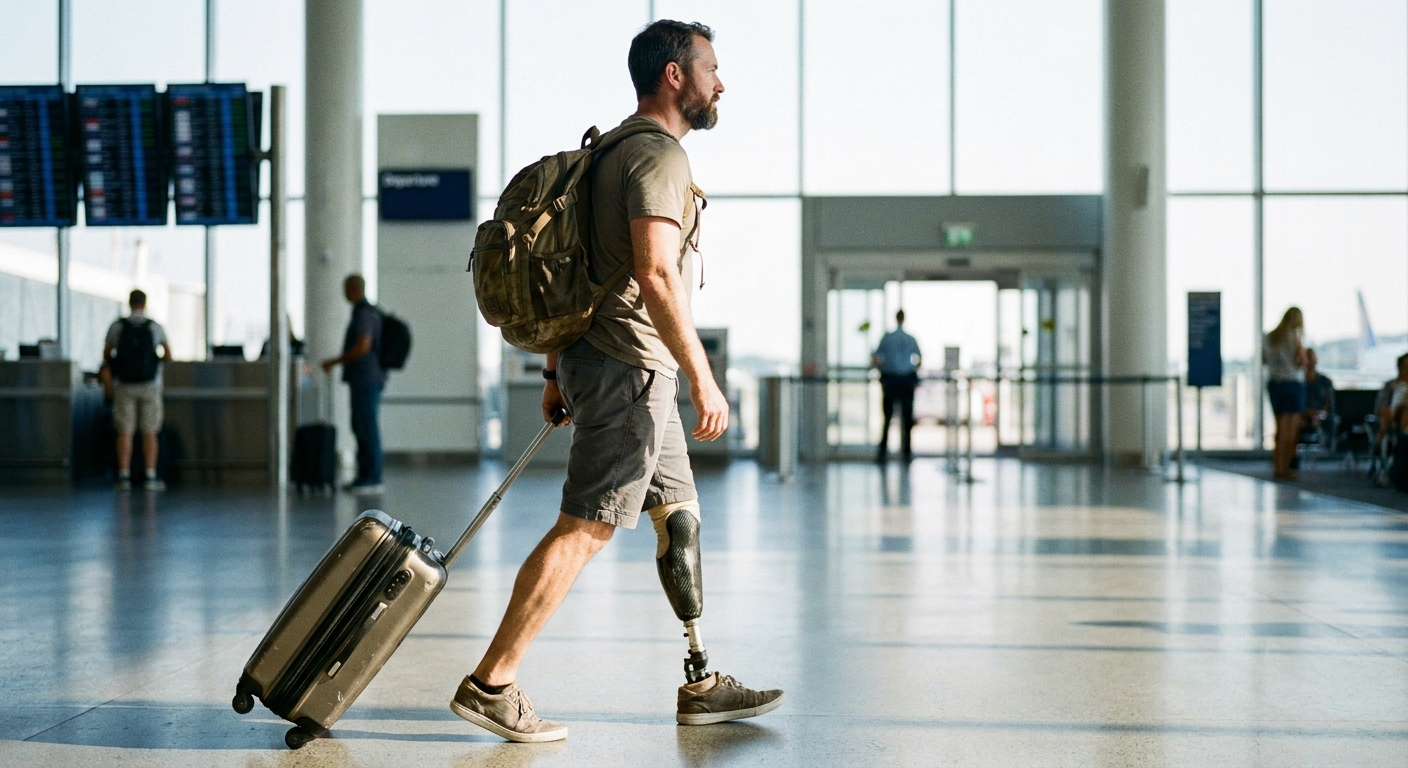Traveler with a prosthetic leg walking through an airport terminal with a rolling suitcase