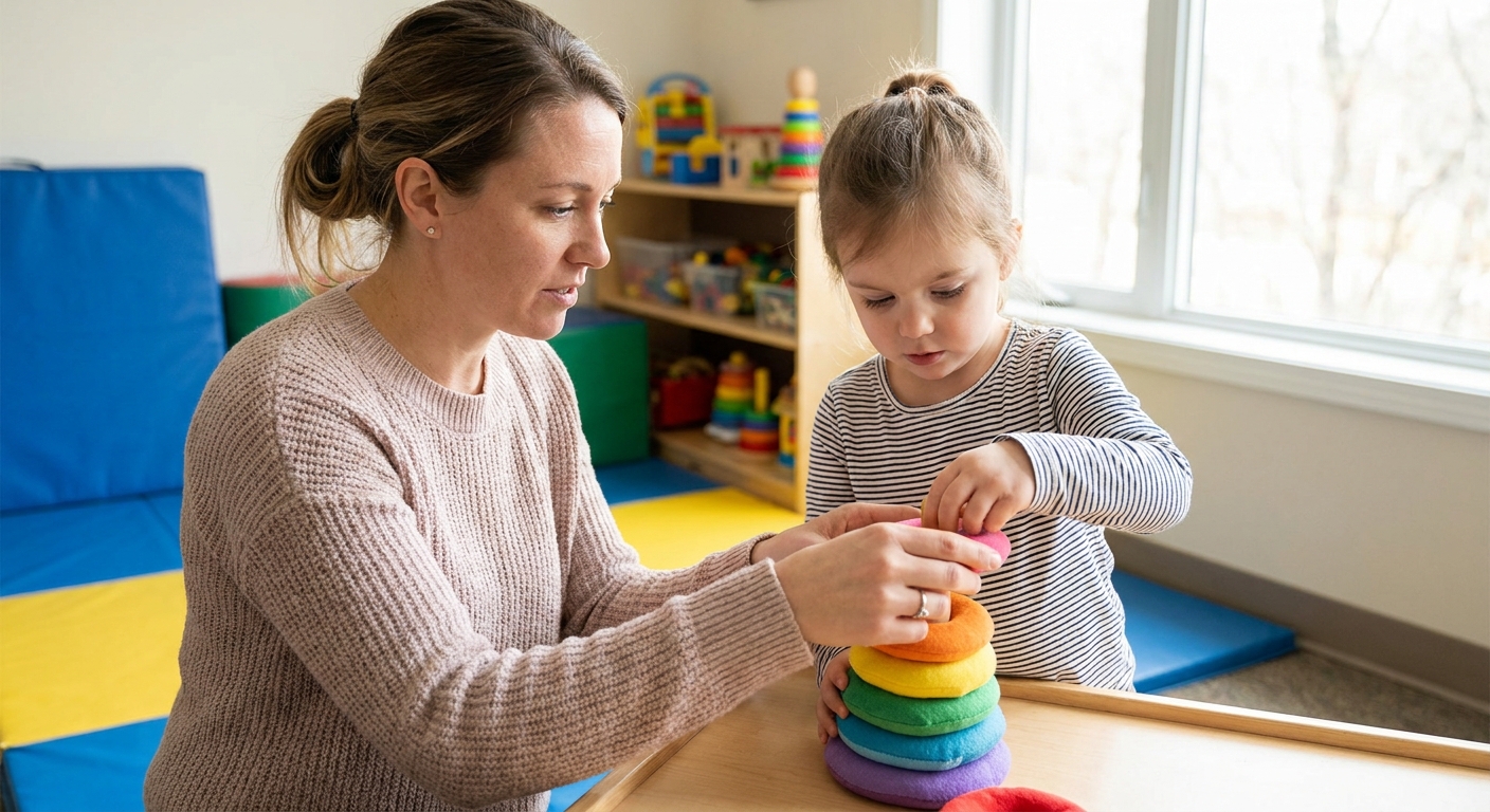 Occupational therapist helping a young child with a limb difference stack soft rings during therapy