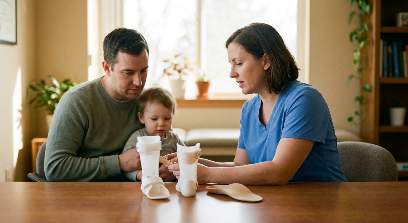 Pediatric orthotist talking with a parent and child about small leg braces on the table