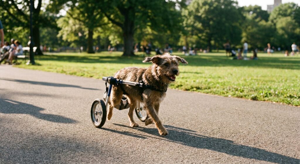 Happy dog using a rear-support wheelchair cart on a sunny park path