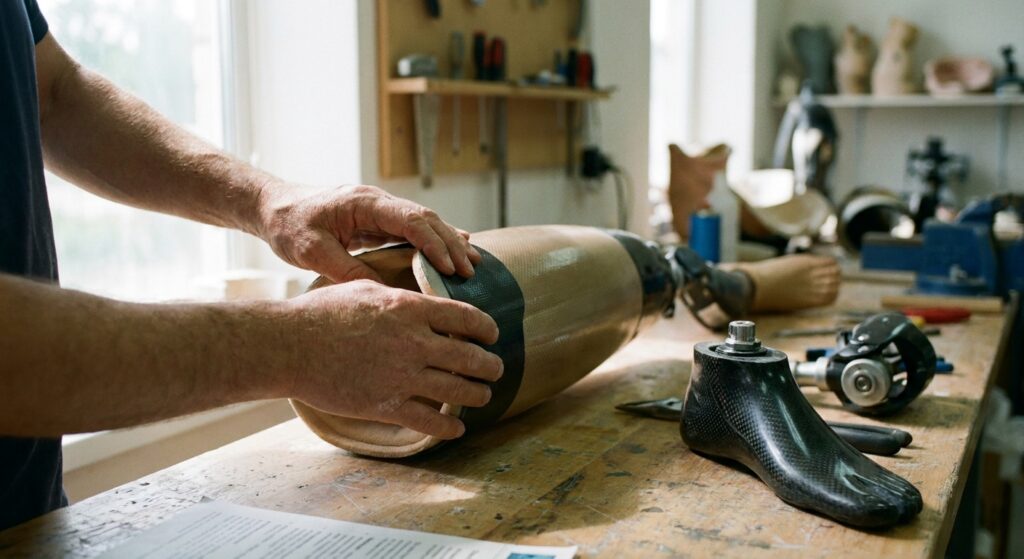 Prosthetist fitting a prosthetic leg socket with a carbon fiber foot and knee components on a workbench