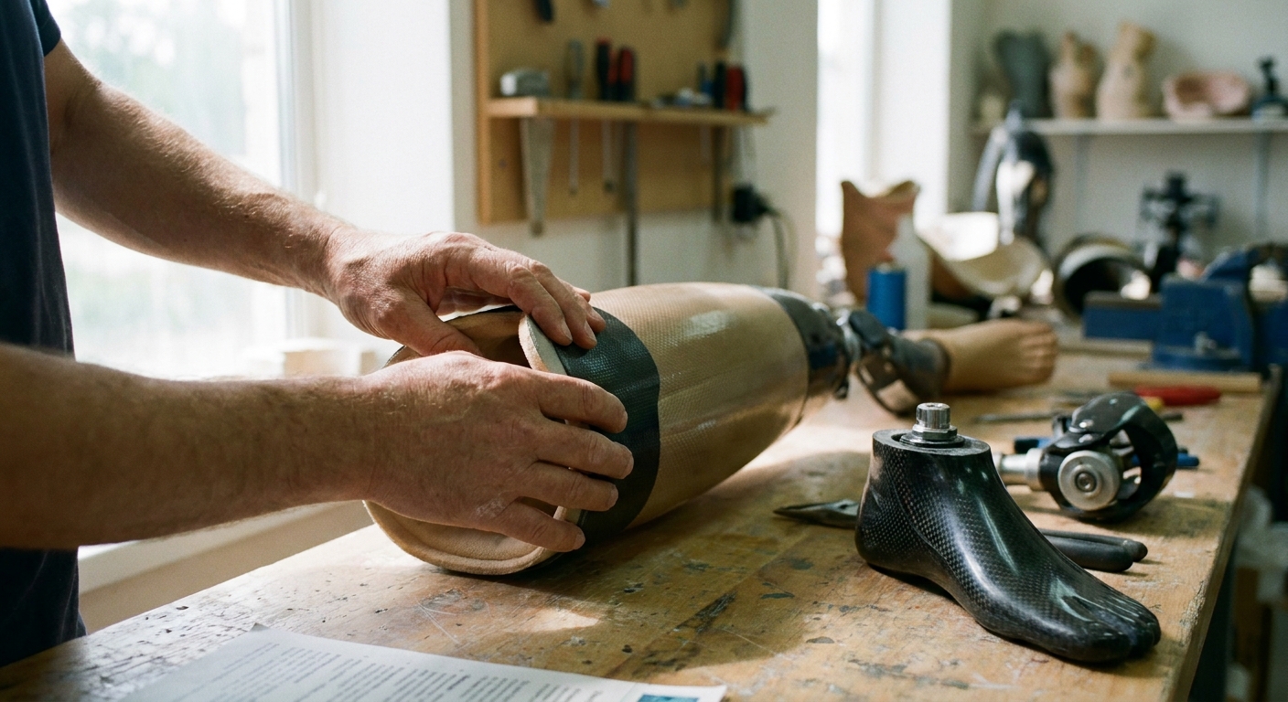 Prosthetist fitting a prosthetic leg socket during a cost consultation
