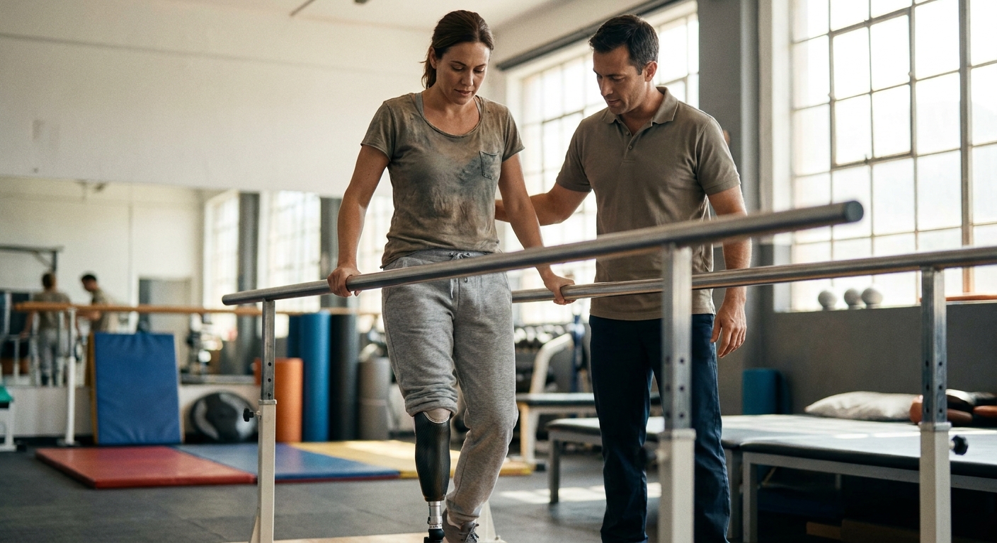 Woman with a below-knee prosthetic leg practicing walking in parallel bars with a physical therapist