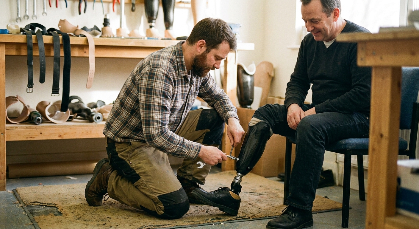 Prosthetist adjusting the socket of a below knee prosthetic leg during a fitting appointment