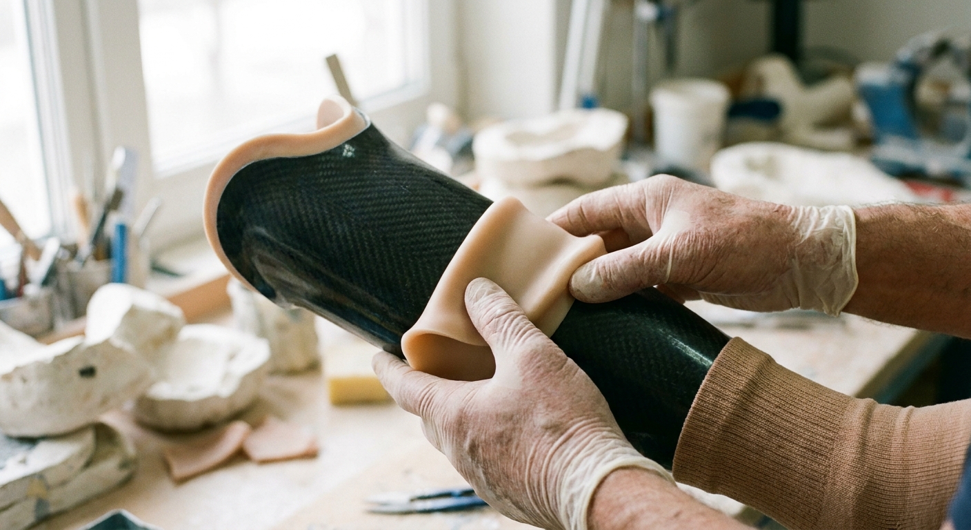 Prosthetist fitting a soft liner into a below-knee prosthetic socket in a clinic workshop