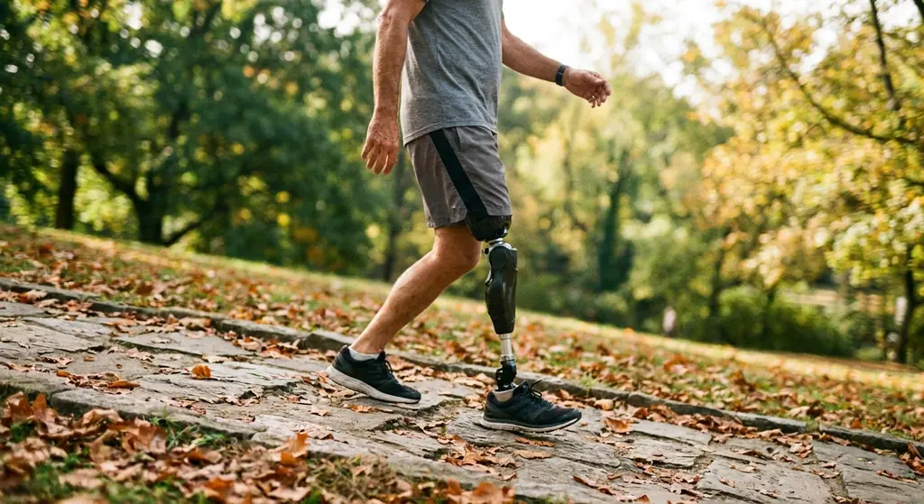 Person walking down a sloped park path wearing a microprocessor prosthetic knee