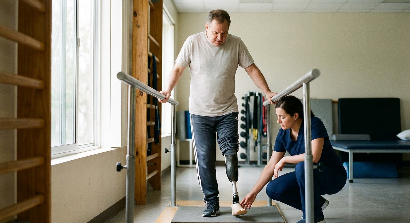 Below-knee amputee practicing gait training in parallel bars while a physical therapist guides the prosthetic foot