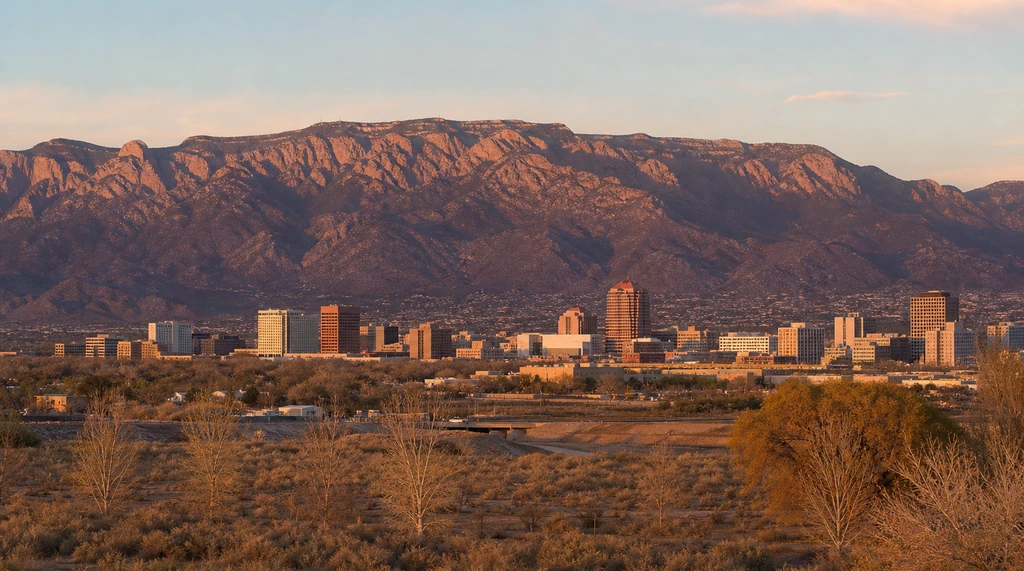 Albuquerque New Mexico skyline with the Sandia Mountains at golden hour