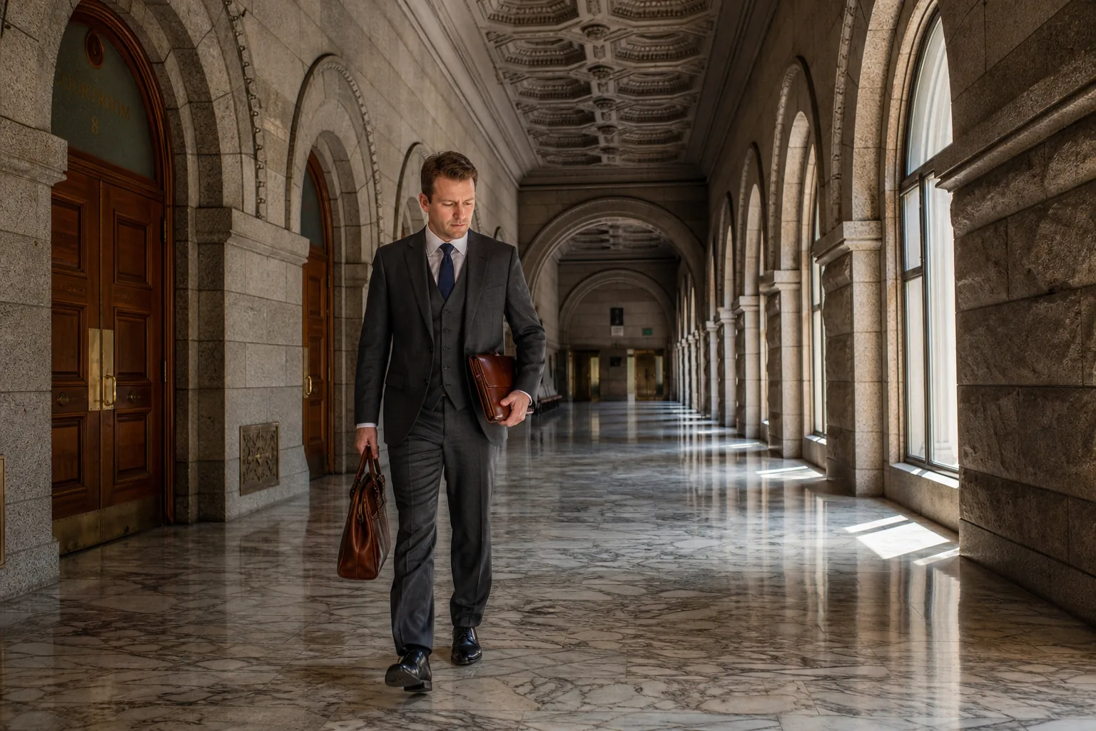 Attorney walking the arcaded rotunda of the Allegheny County Courthouse in downtown Pittsburgh in morning light