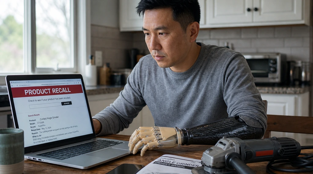 Man with a below-elbow myoelectric prosthesis checking a product recall on a laptop at a kitchen table