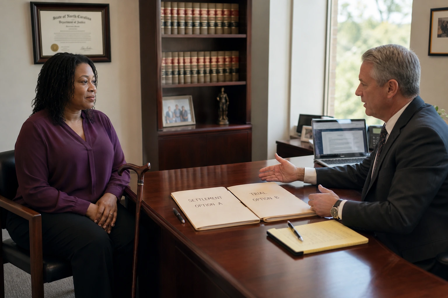 Amputee client with a cane and a lawyer at a desk comparing two folders of claim options during a consultation