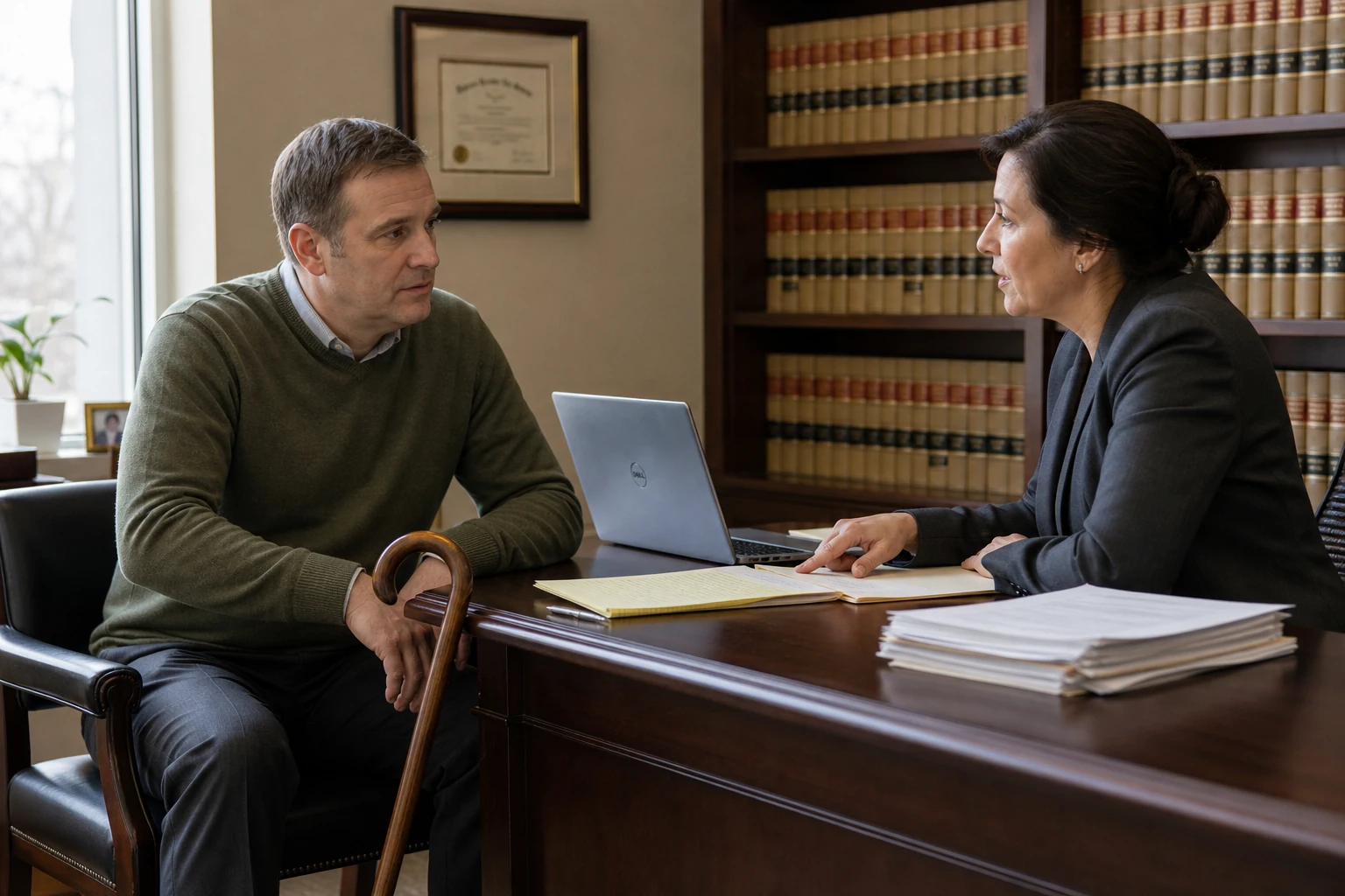 Amputee client with a walking cane seated across a desk from a personal injury attorney during a consultation in a Richmond law office