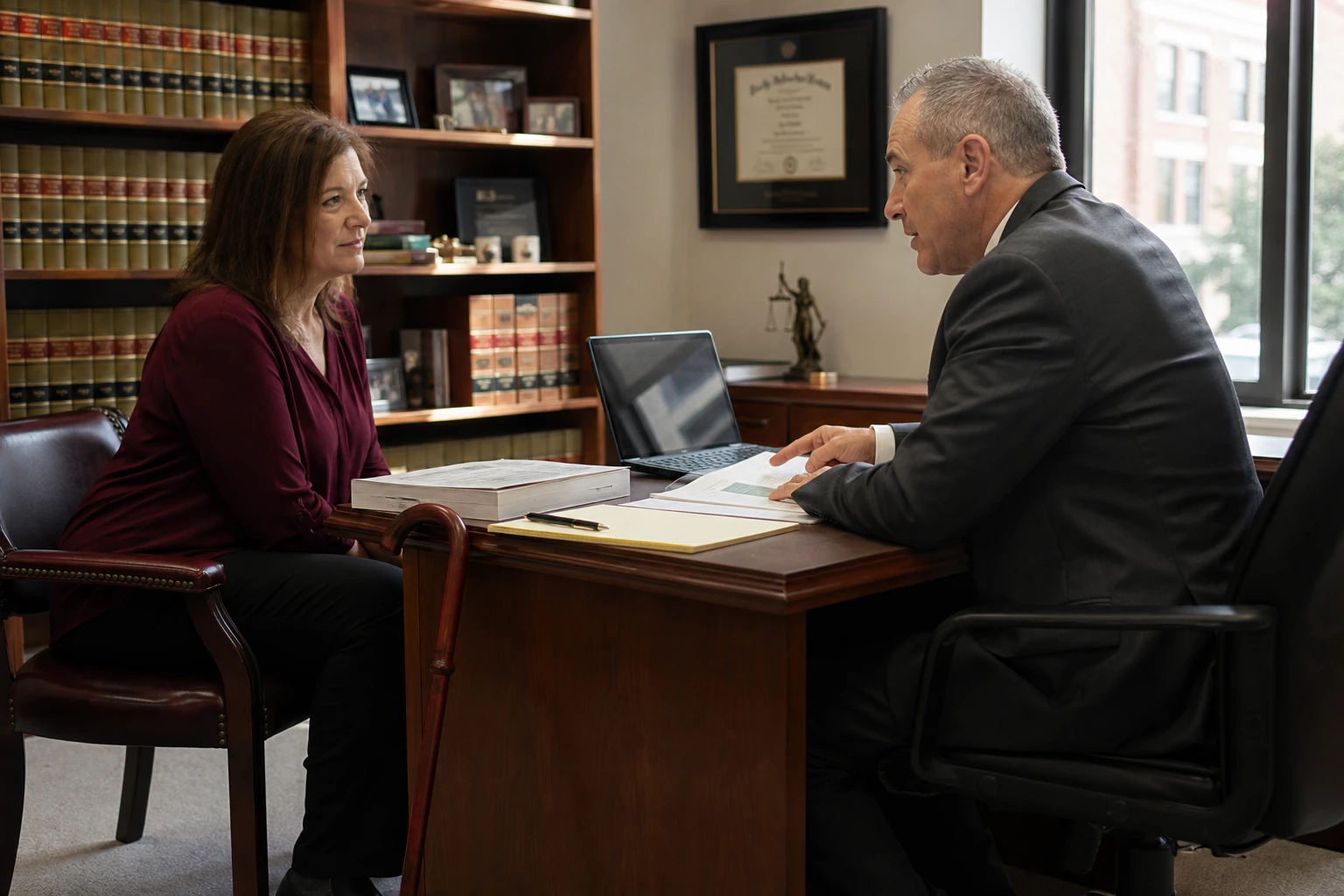Amputee client with a walking cane seated across a desk from a personal injury attorney during a consultation in a St. Louis law office