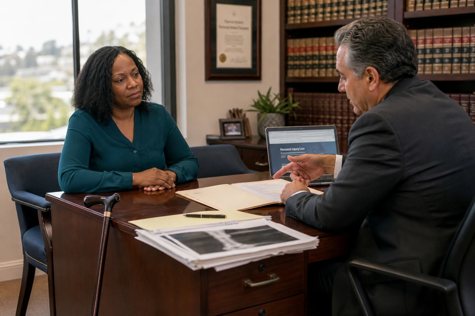 Amputee client with a walking cane seated across a desk from a personal injury attorney during a free consultation in a Southern California law office