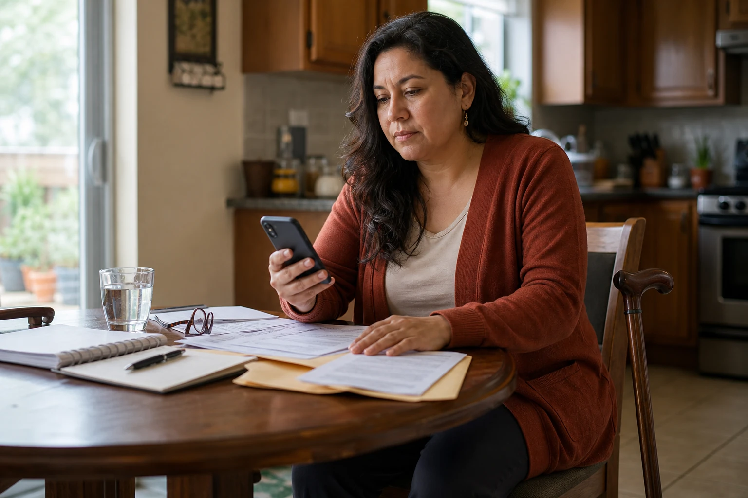 Woman with a walking cane holding a phone and paperwork at her kitchen table, considering a free legal consultation