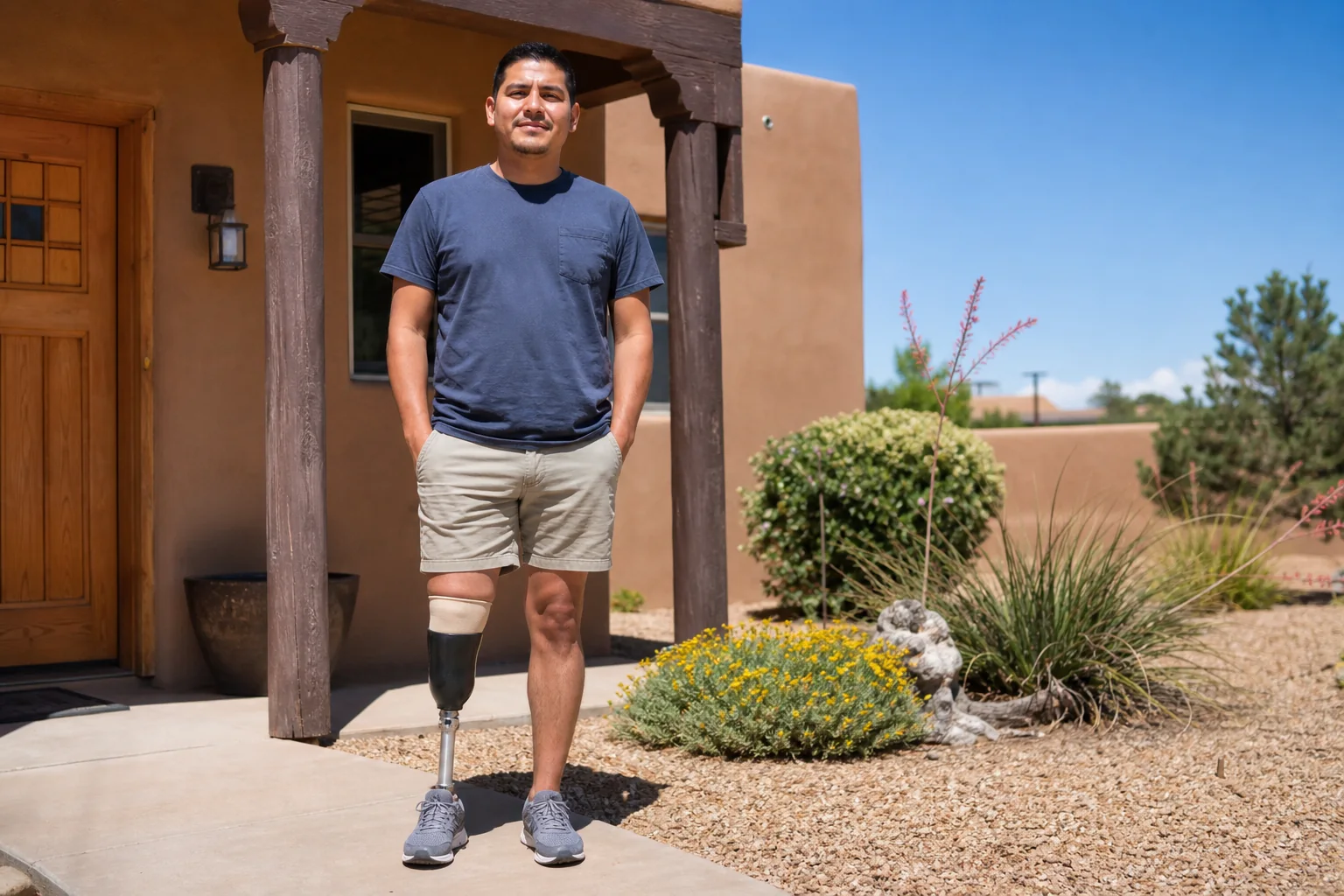 Man with a below-knee prosthetic leg standing outside his home in New Mexico