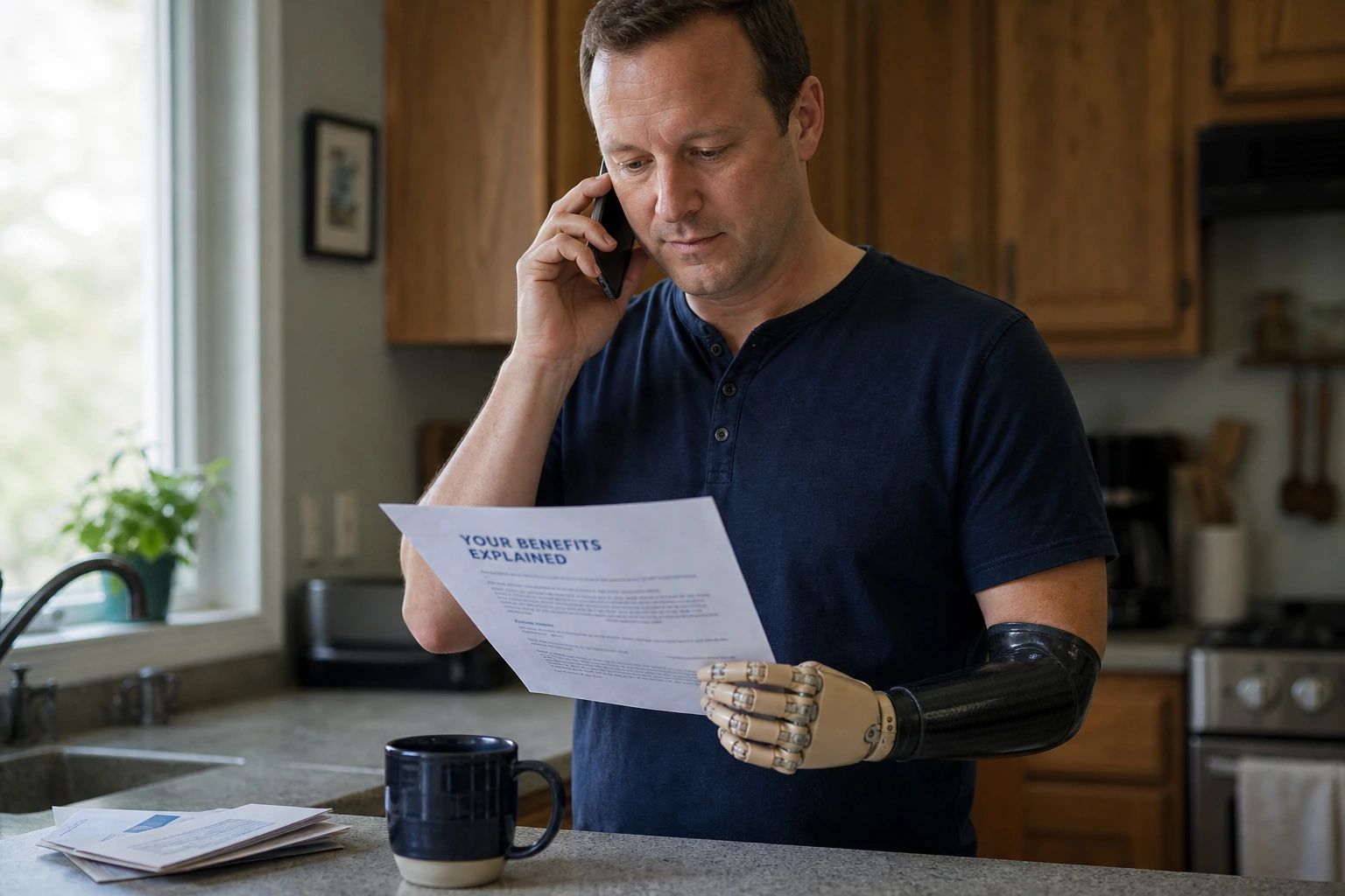 Man with a below-elbow myoelectric prosthesis on the phone at a kitchen counter holding a workers compensation benefits letter