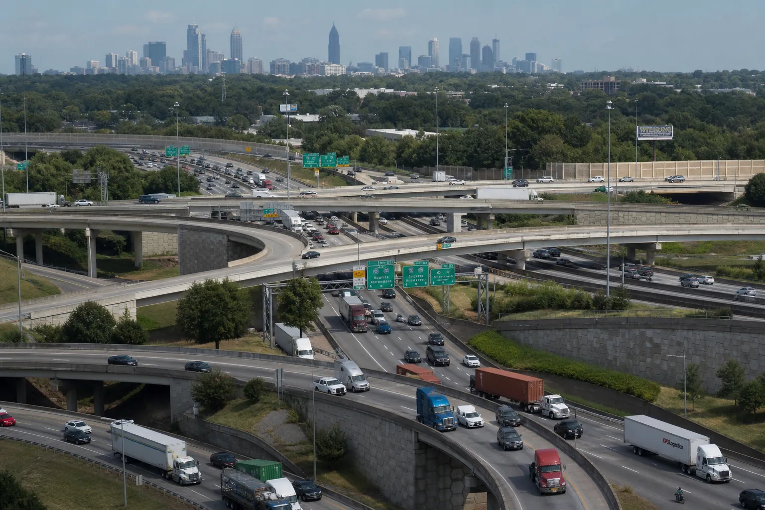 Aerial view of a large multi-level Atlanta highway interchange with stacked ramps and heavy traffic