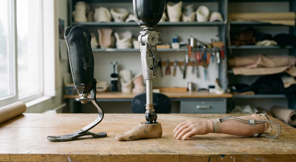 Below-knee leg, above-knee leg, and prosthetic arm displayed on a prosthetist workshop bench