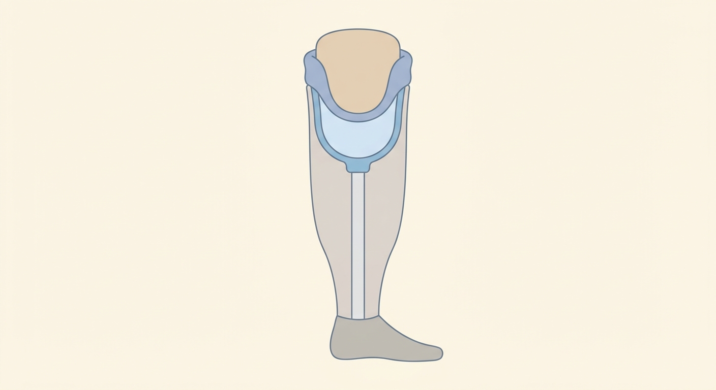 Cutaway illustration of a below-knee prosthetic leg showing socket, suspension liner, and inner support pylon