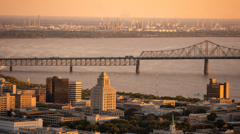 Baton Rouge Louisiana skyline with the Interstate 10 bridge over the Mississippi River at golden hour