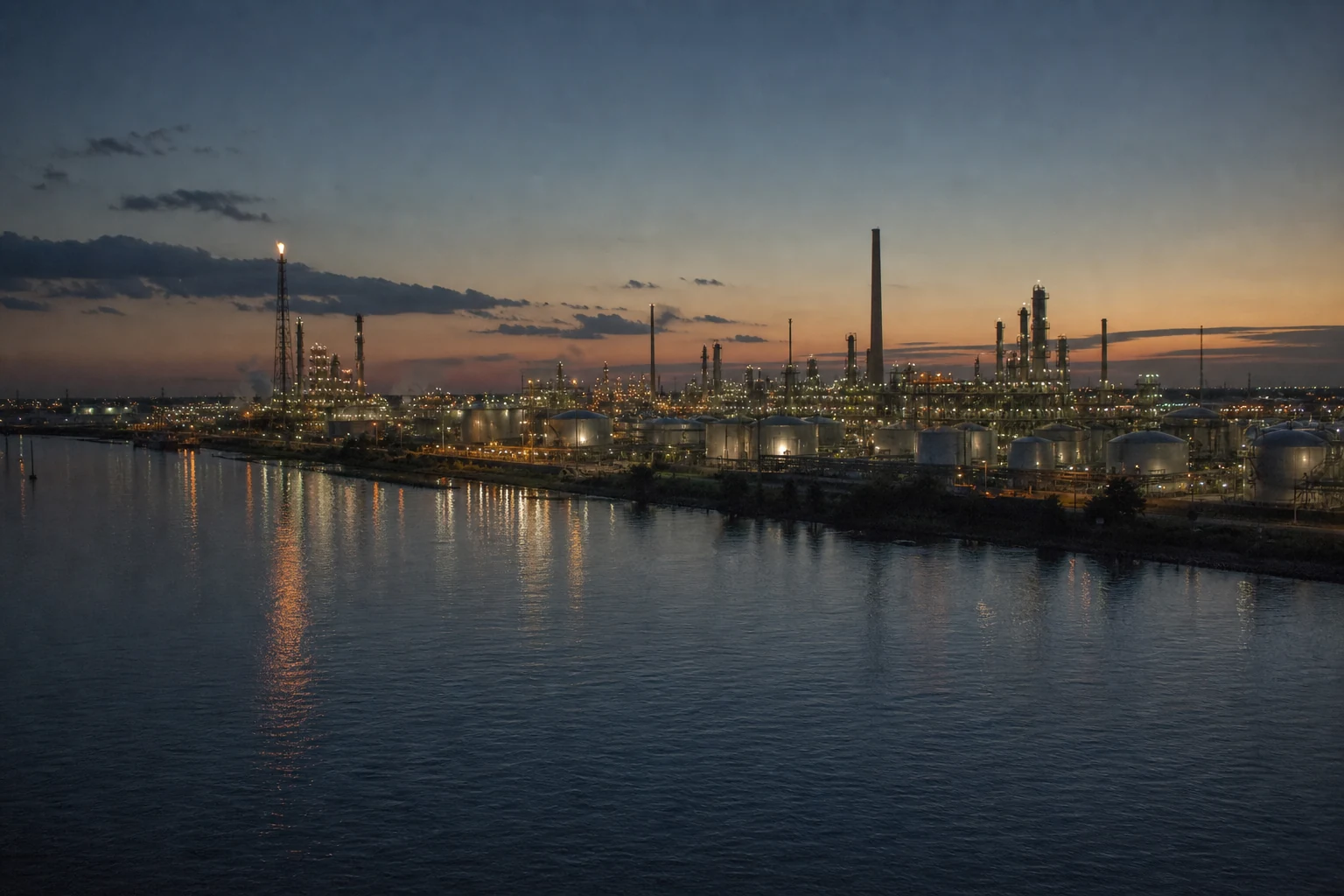 Petrochemical refinery along the Mississippi River near Baton Rouge Louisiana at dusk