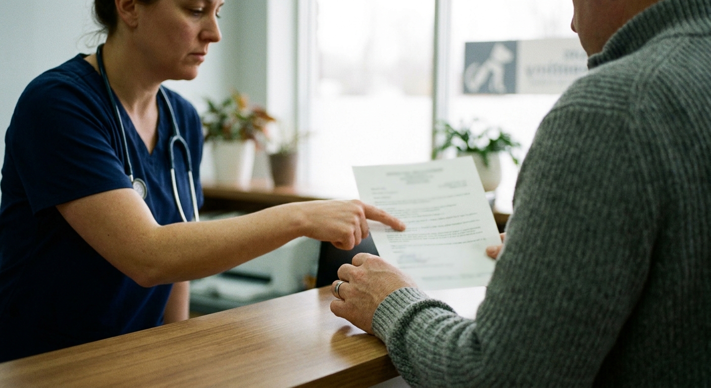 Veterinarian pointing at a printed cost estimate for a pet owner at a clinic desk