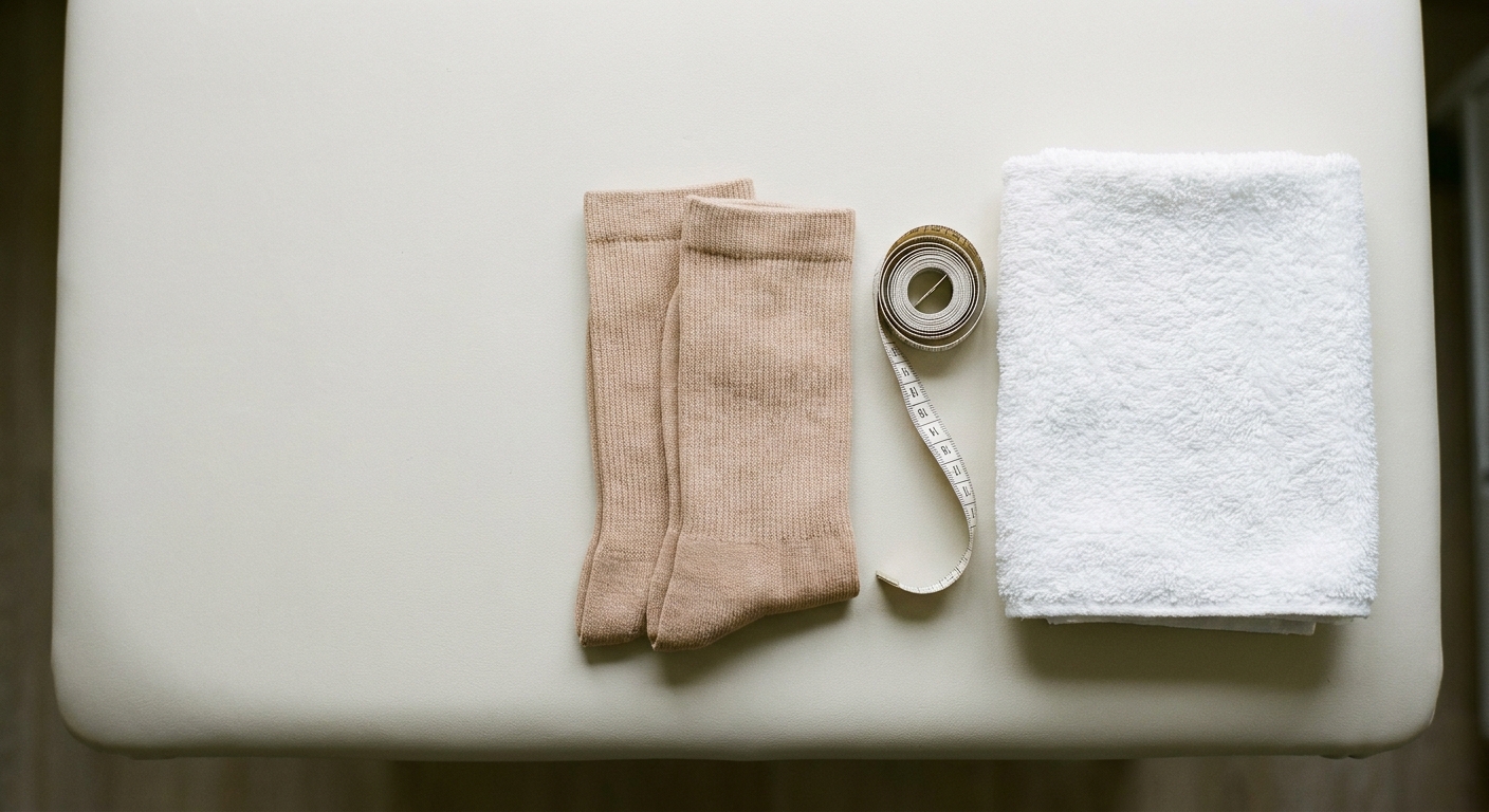 Folded compression shrinker garments with a tape measure and towel on a clinic table