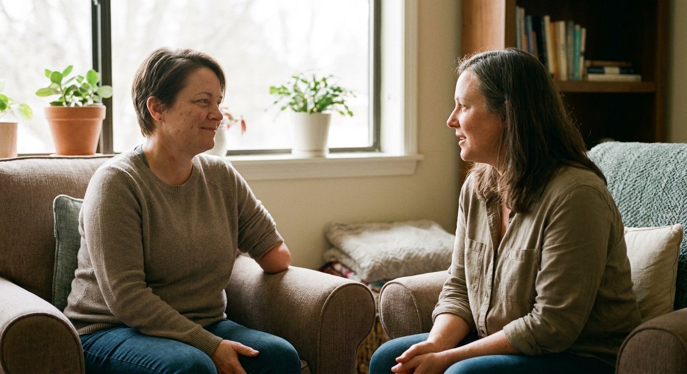 Adult with limb loss talking with a peer support counselor in a calm room