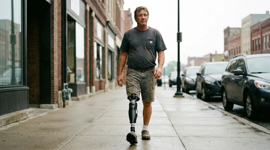 Man with an above-knee microprocessor prosthetic leg walking on a city sidewalk