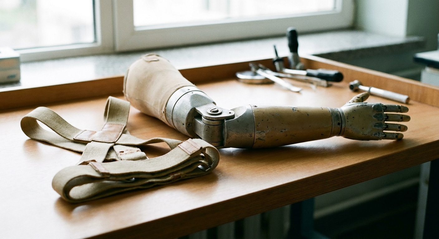 Shoulder-level prosthetic arm with chest harness, mechanical elbow and hand on a fitting bench