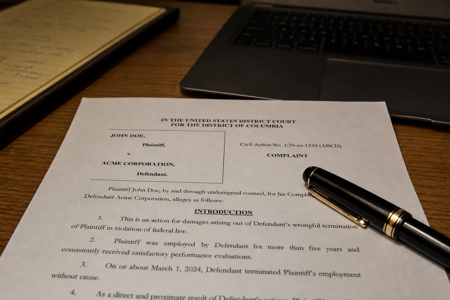 A filed civil complaint document and a fountain pen on an attorney's desk in front of a laptop