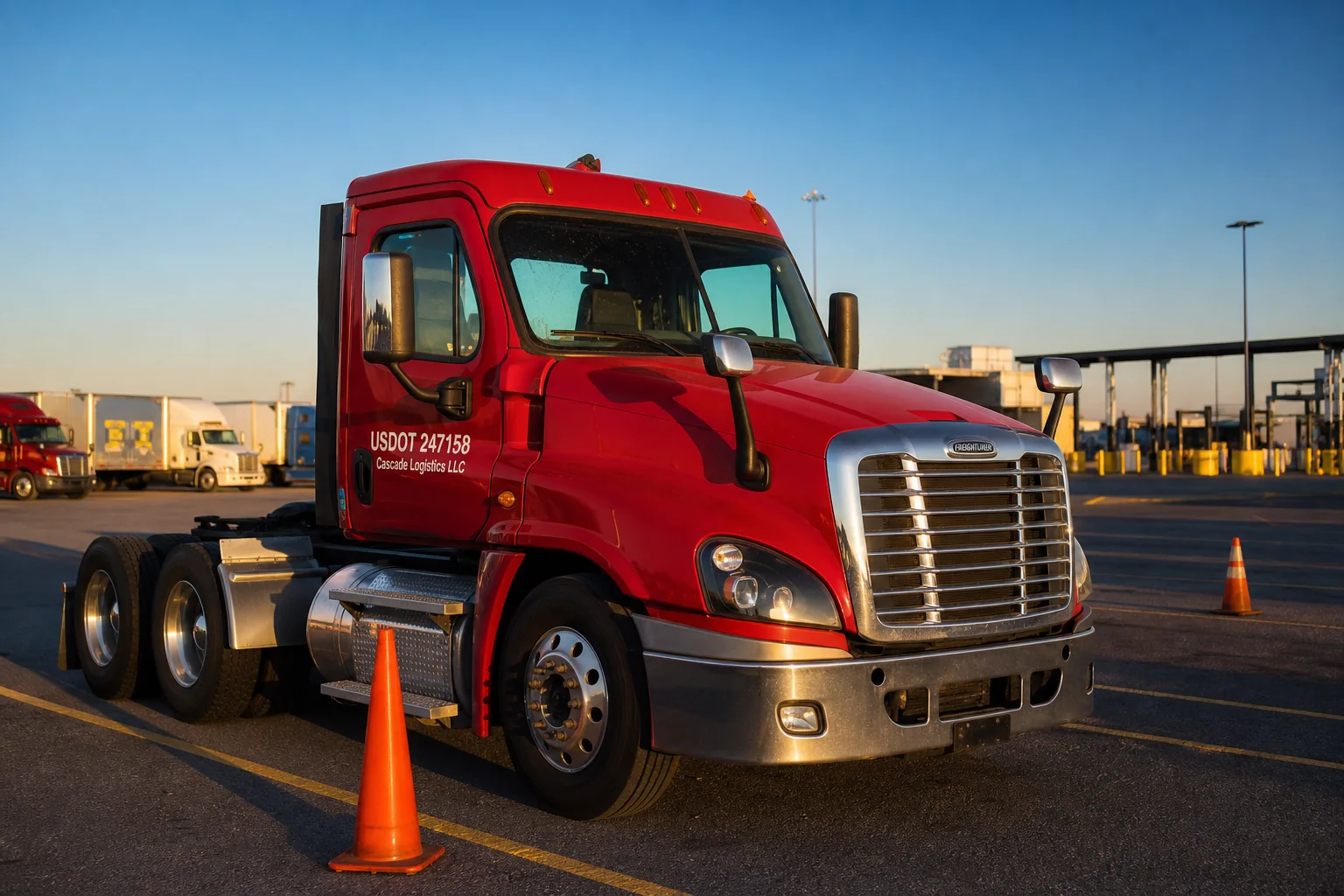 Freightliner Cascadia commercial tractor with federally required USDOT number painted on the cab door