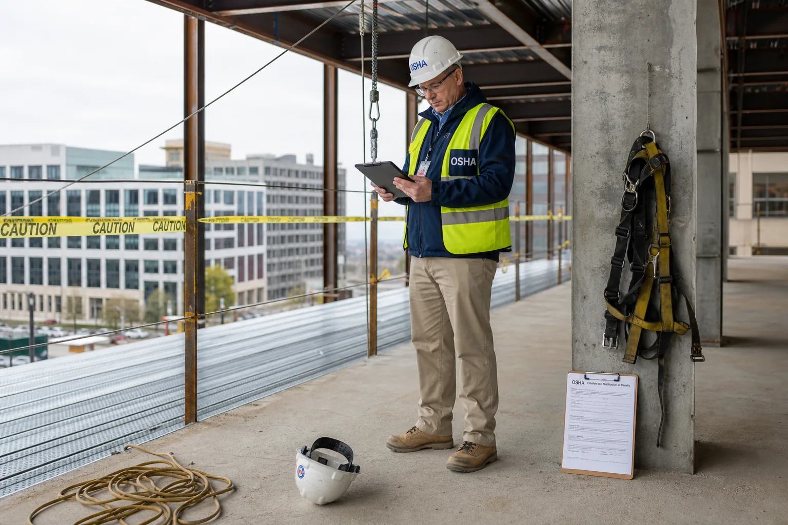 OSHA compliance officer documenting a fall protection inspection at a commercial construction site under Subpart M