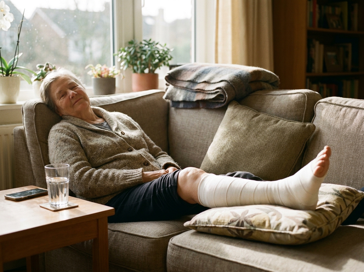 Older adult resting on a sofa with a bandaged foot elevated on a cushion during recovery at home