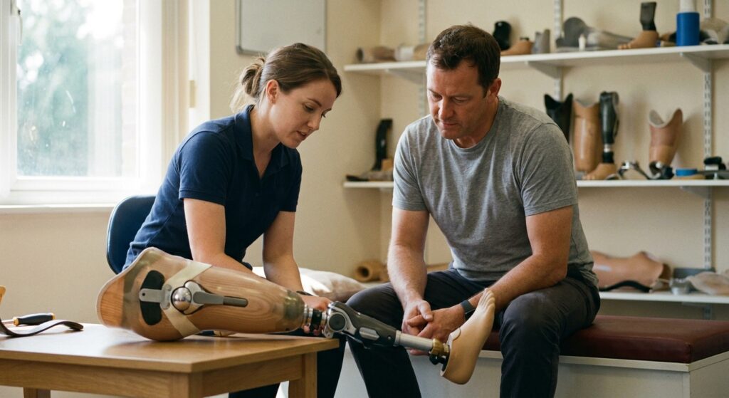 Prosthetist and a man reviewing a hip disarticulation prosthesis with socket, hip joint, knee and foot at a fitting clinic