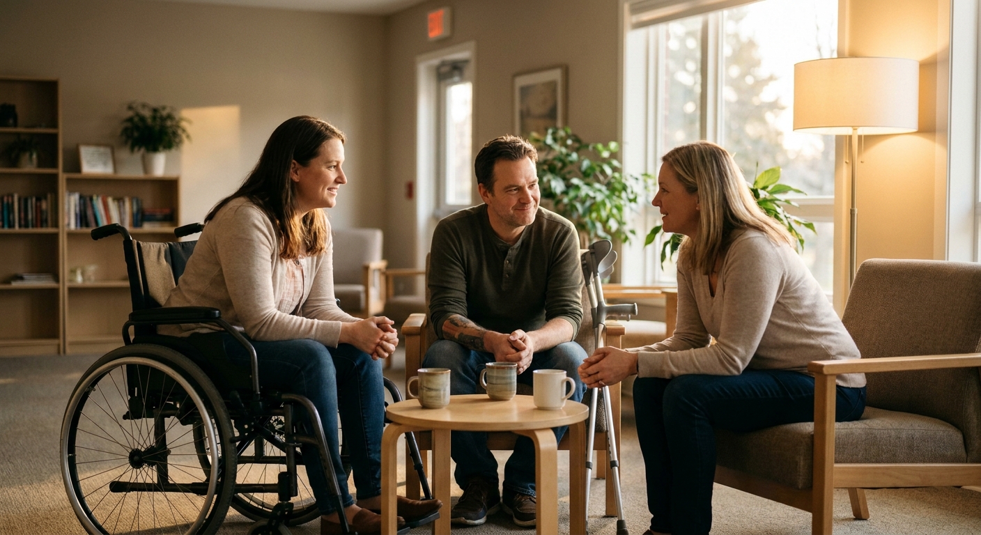 Three adults in a peer support group conversation, one beside a wheelchair and one with forearm crutches