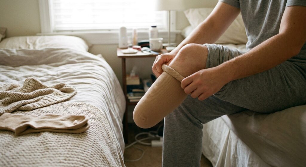 Below-knee amputee rolling a beige stump shrinker sock over a residual limb on the edge of a bed