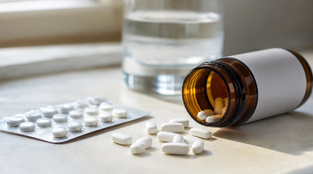 White diabetes medication tablets spilling from an amber prescription bottle beside a blister pack
